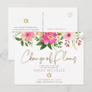Postal De Invitación Bat Mitzvah Floral Rosa Acuarela Letra Dorada