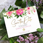 Postal De Invitación Bat Mitzvah Guardar el guión de color de agua de l<br><div class="desc">¡Asegúrate de que todos tus amigos y parientes puedan celebrar el hito de tu hija Bat Mitzvah! Enviar esta moda, postal personalizada de la invitación "Guardar la fecha". Una acuarela floral impresionante, rosa y melocotón, con una tipografía de Relieve metalizado dorado falsa y un tipo serif moderno de rosa polvoriento...</div>