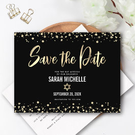 Postal De Invitación Bat Mitzvah Guardar la Fecha Moderno Script Dorado
