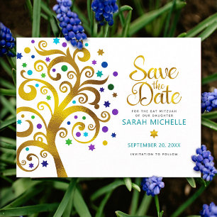 Postal De Invitación Bat Mitzvah Guardar la Fecha Oro & Árbol de la Vid