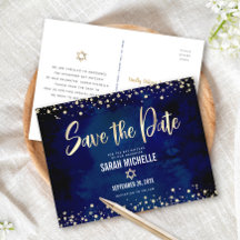 Bat Mitzvah Navy Gold Guardar la Fecha Letra Moder