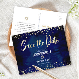 Postal De Invitación Bat Mitzvah Navy Gold Guardar la Fecha Letra Moder