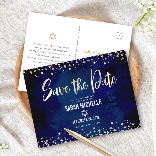 Postal De Invitación Bat Mitzvah Navy Gold Guardar la Fecha Letra Moder (Subido por el creador)