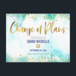 Postal De Invitación Bat Mitzvah postergó la acuarela azul Purpurina de<br><div class="desc">Asegúrate de que todos tus amigos y parientes puedan celebrar el hito de tu hija Bat Mitzvah, sin importar las actuales circunstancias imprevistas globales. Envíe este impresionante, moderno, brillante Relieve metalizado de imitación dorada y puntos purpurinas y guión de tipografía contra un fondo de color azul turquesa de color agua,...</div>