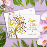 Postal De Invitación Bat Mitzvah Salva la fecha Oro Púrpura Árbol de la<br><div class="desc">¡Asegúrate de que todos tus amigos y parientes puedan celebrar el hito de tu hija Bat Mitzvah! Envía este impresionante y gráfico árbol de Relieve metalizado dorado falso con la estrella brillante turquesa, verde azulada, morada y azul de David y las "hojas" de punto en un fondo blanco, personalizado "Save...</div>