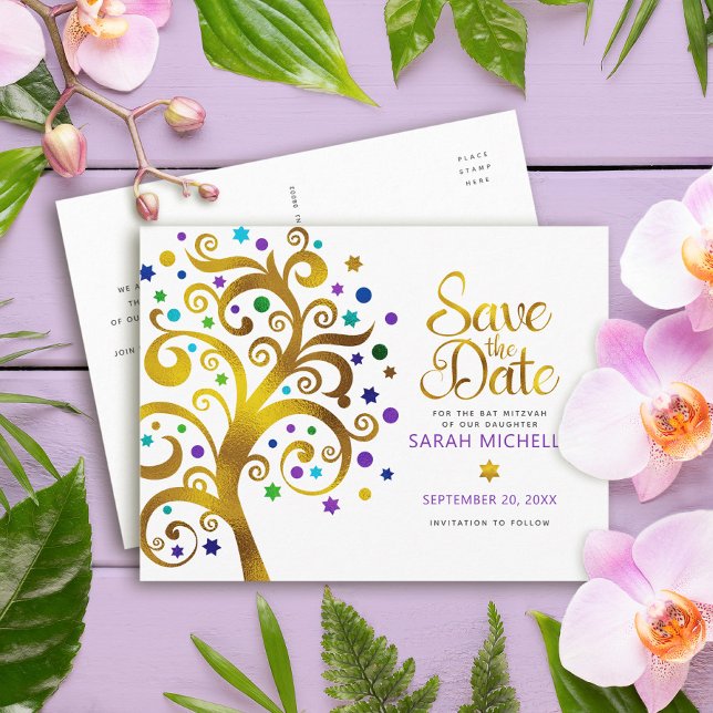 Postal De Invitación Bat Mitzvah Salva la fecha Oro Púrpura Árbol de la (Subido por el creador)