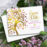 Postal De Invitación Bat Mitzvah Salva la fecha Oro y el árbol de la vi<br><div class="desc">¡Asegúrate de que todos tus amigos y parientes puedan celebrar el hito de tu hija Bat Mitzvah! Envía este impresionante y gráfico árbol de Relieve metalizado dorado falso con la estrella de David rosa brillante, naranja y roja y las "hojas" de punto sobre un fondo blanco, personalizado "Save the Date"...</div>