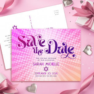 Postal De Invitación Bat Mitzvah Salva la Fecha Retro Rosa Naranja Ombr