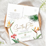 Postal De Invitación Bat Mitzvah Salvar Fecha Tropical Floral Gold Scri<br><div class="desc">¡Asegúrate de que todos tus amigos y parientes puedan celebrar el hito de tu hija Bat Mitzvah! Enviar esta moda, postal personalizada de la invitación "Guardar la fecha". Elegantes, impresionantes, coloridas, aves acuáticas tropicales de flores del paraíso, escritura falsa de oro manuscrita, puntos Star of David y purpurina, junto con...</div>