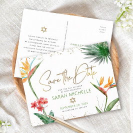 Postal De Invitación Bat Mitzvah Salvar Fecha Tropical Floral Gold Scri