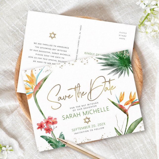 Postal De Invitación Bat Mitzvah Salvar Fecha Tropical Floral Gold Scri (Subido por el creador)