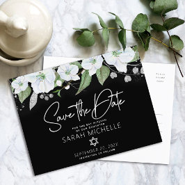 Postal De Invitación Bat Mitzvah Save Date Floral Black Silver Script