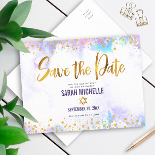 Postal De Invitación Bat Mitzvah Save the Date Gold Morple Watercolor