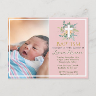 Postal De Invitación Bautismo de Foto Dorada Falsa Floral Acuarela Verd