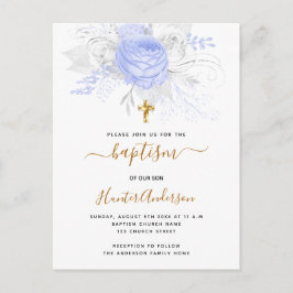 Postal De Invitación Bautismo flor azul claro niño elegante blanco
