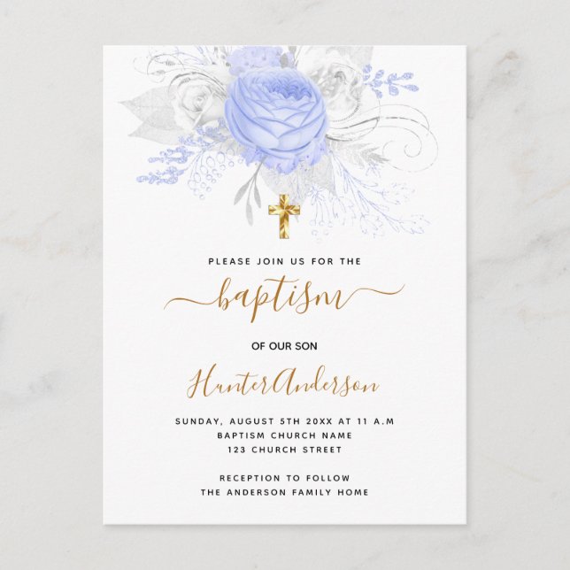 Postal De Invitación Bautismo flor azul claro niño elegante blanco (Anverso)