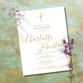 Postal De Invitación Bautismo moderno Christening Gold Signature Script