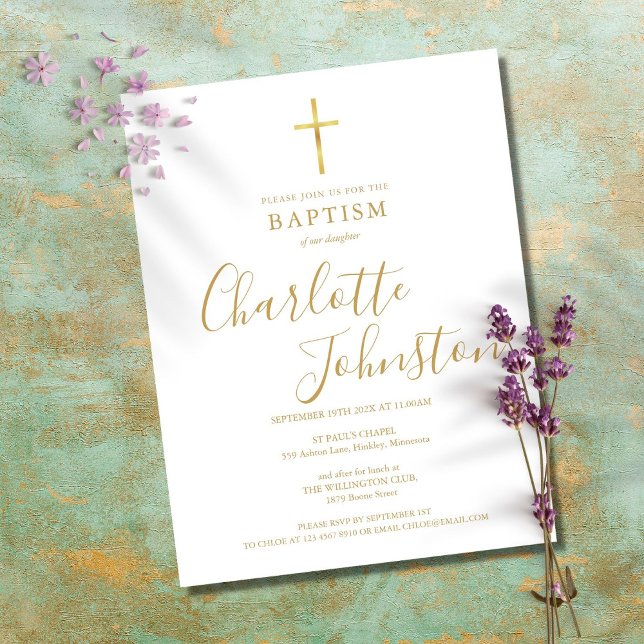 Postal De Invitación Bautismo moderno Christening Gold Signature Script (Subido por el creador)