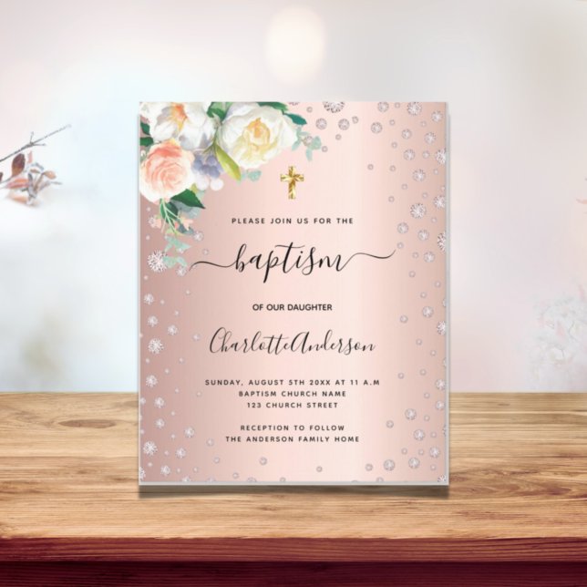 Postal De Invitación Bautismo rosa floral oro rosa chica elegante (Subido por el creador)