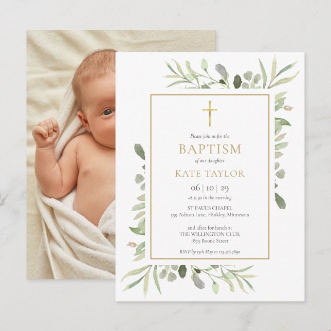 Postal De Invitación Bautizo de vegetación Foto (Anverso / Reverso)