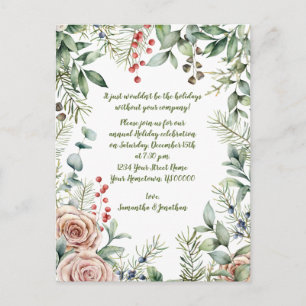 Postal De Invitación Bayas, Eucalipto, Pino, Rosas Fiesta de Navidad