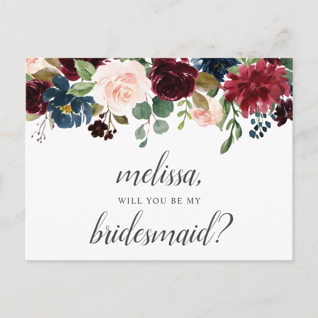 Postal De Invitación Be My Bridesmaid Burgundy Blue Flowers (Anverso)