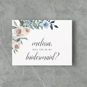Postal De Invitación Be My Bridesmaid Dusty Blue Beige Flowers Boho Inv