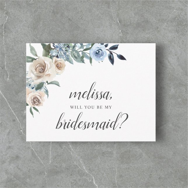 Postal De Invitación Be My Bridesmaid Dusty Blue Beige Flowers Boho Inv (Subido por el creador)
