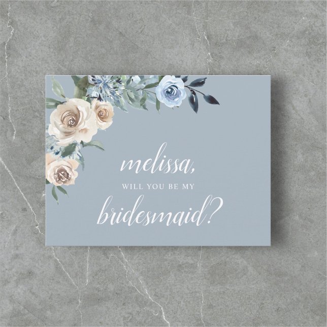 Postal De Invitación Be My Bridesmaid Dusty Blue Beige Flowers Boho Inv (Subido por el creador)