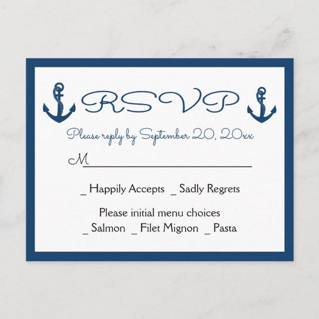 Postal De Invitación Beach Anchor Beach Navy Blue Nautical Wedding RSVP (Anverso)