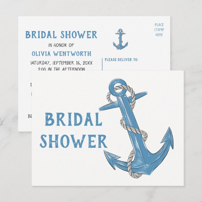 Postal De Invitación Beach Bote Anchor Blue Nautical Bridal Shower (Anverso / Reverso)