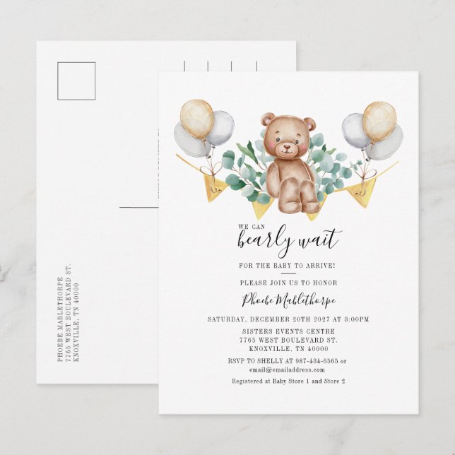 Postal De Invitación Bear Baby Shower Eucalyptus Woodland Animal (Anverso / Reverso)