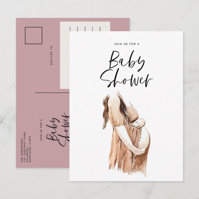 Postal De Invitación Bebé ducha acuarela ilustracion púrpura (Anverso / Reverso)