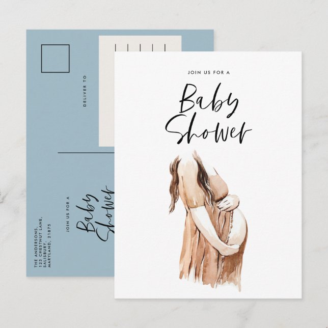 Postal De Invitación Bebé ducha acuarela ilustracion sencillo guión (Anverso / Reverso)