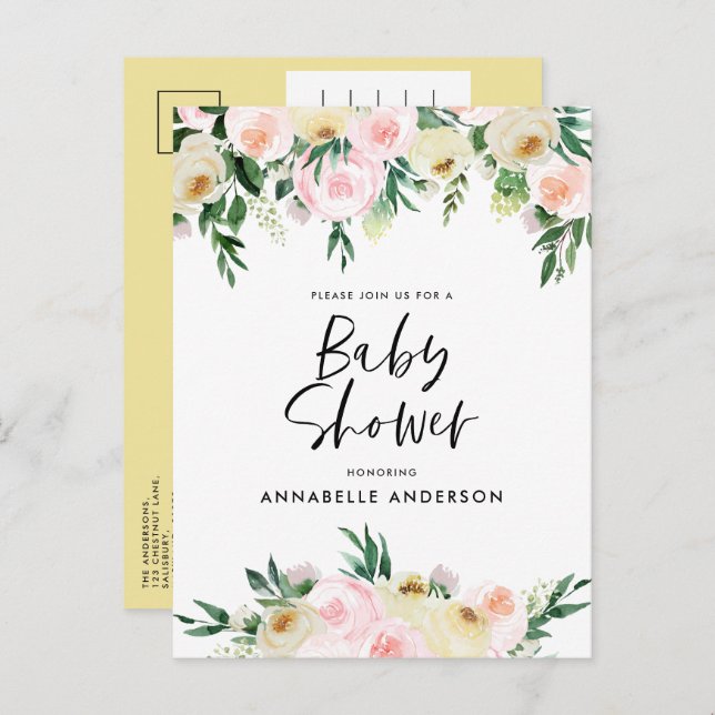 Postal De Invitación Bebé ducha acuarela limón giratorio guión floral (Anverso / Reverso)