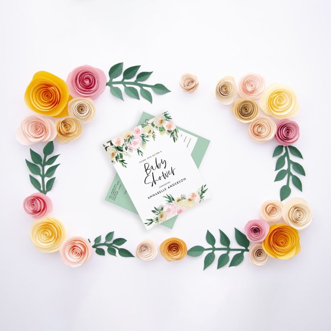 Postal De Invitación Bebé ducha acuarela melocotón rosado guión floral (Subido por el creador)