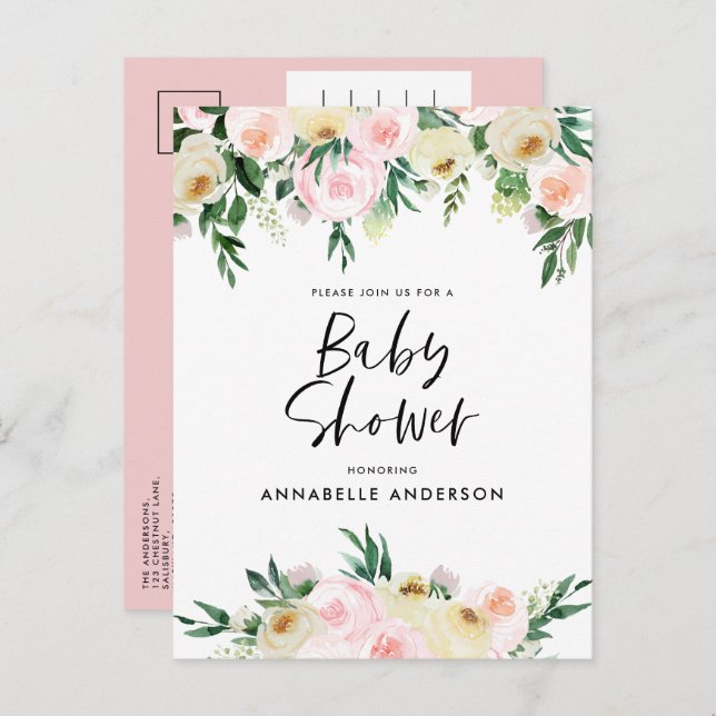 Postal De Invitación Bebé ducha acuarela rosa giratorio guión floral (Anverso / Reverso)