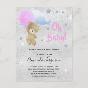 Postal De Invitación Bebé ducha chica oso de peluche rosa plata