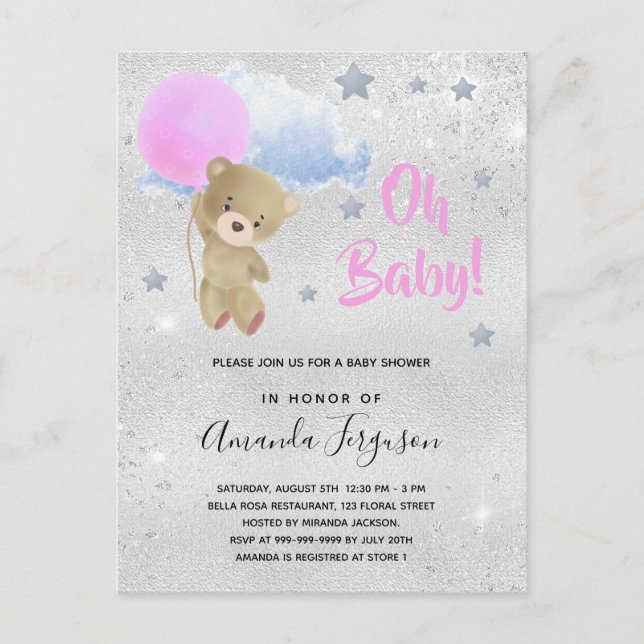 Postal De Invitación Bebé ducha chica oso de peluche rosa plata (Anverso)