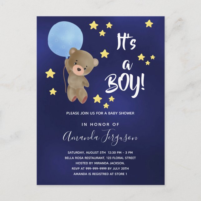 Postal De Invitación Bebé ducha de peluche niño estrellas azules (Anverso)