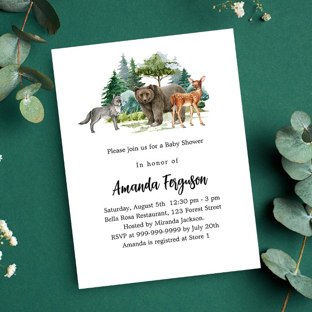 Postal De Invitación Bebé ducha leñosos animales del bosque oso lobo ve (Subido por el creador)