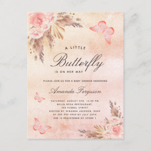 Postal De Invitación Bebé ducha mariposa pampas pasto rosa oro