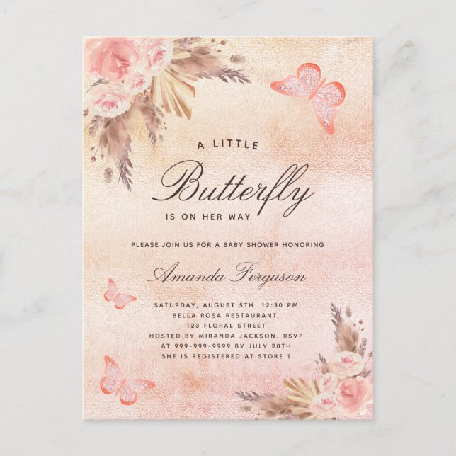 Postal De Invitación Bebé ducha mariposa pampas pasto rosa oro (Anverso)