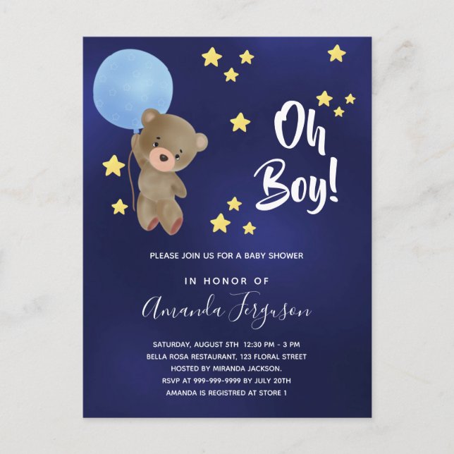 Postal De Invitación Bebé ducha niño osito de peluche estrellas azul ma (Anverso)