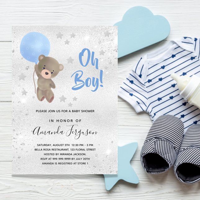 Postal De Invitación Bebé ducha niño peluche oso estrella de plata azul (Subido por el creador)
