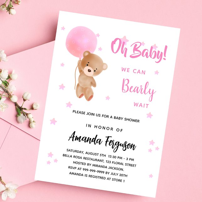 Postal De Invitación Bebé ducha oso de peluche chica globo rosa (Subido por el creador)