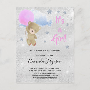Postal De Invitación Bebé ducha oso de peluche chica plata rosa
