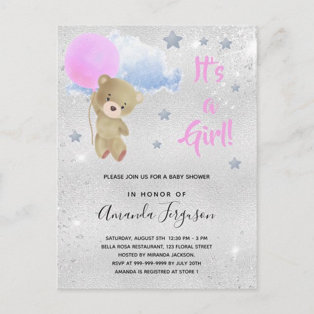 Postal De Invitación Bebé ducha oso de peluche chica plata rosa (Anverso)