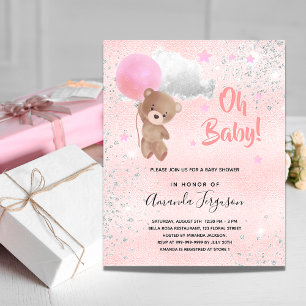 Postal De Invitación Bebé ducha oso de peluche chica plata rosa