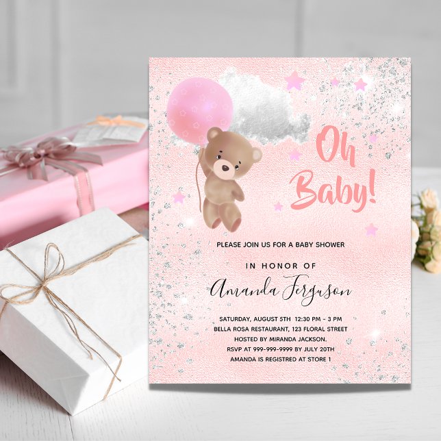 Postal De Invitación Bebé ducha oso de peluche chica plata rosa (Subido por el creador)